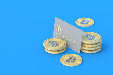 Credit card and coin of bitcoin on blue background. Anonymous, alternative payment currency. Cashing out virtual money. Untraceable international transfers. Copy space. 3d rendering