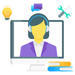 
Human avatar wearing headphones inside computer, learning support 
