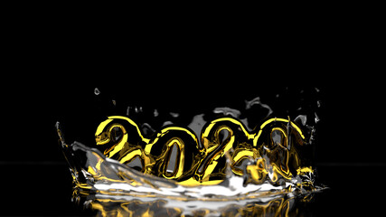 Happy New Year 2020 lettering made by gold and water splash around it. Isolated on black background. 3d illustration. Selective focus macro shot with shallow DOF