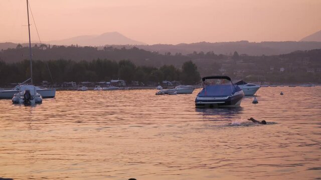 Beautiful sunset in Manerba Del Garda at the Garda Lake in North Italy (Trentino)