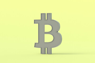 Gray sign of electronic, anonymous currency bitcoin on a yellow background. Alternative virtual money. 3d rendering