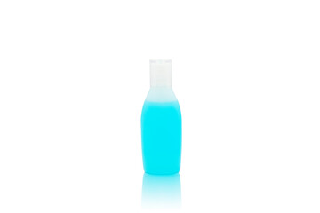 Blue alcohol gel in a small bottle isolated on a white background with a clipping path.