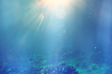 sun rays scuba reef / blue sea, abstract background, sunny day, rays in water