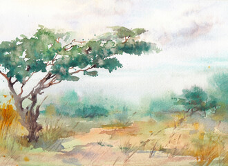 Watercolor landscape: african desert. Hand painted nature view with trees, clouds sky and plants. Beautiful safari scene