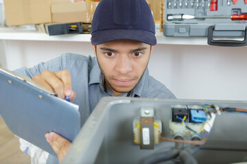 male builder writing on clipboard