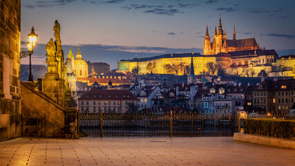 Fototapeta na wymiar sunrise over Prague - look from Charles bridge