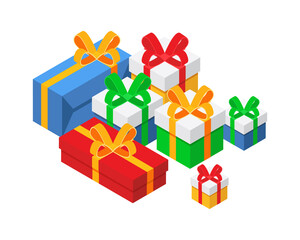 Isometric vector illustration with colored gift boxes isolated on white background. Present boxes with bow ribbon mark 3D isometric vector illustration in flat cartoon style.
