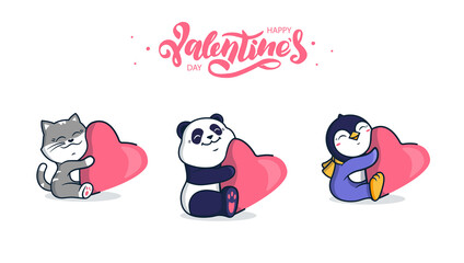 The set of vector illustrations with characters for Happy Valentine's Day. A collection of cartoon animals, such as a penguin, a cat, and a panda are hugging a heart. Good for love designs