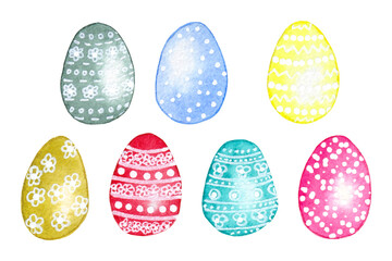 Watercolor illustrations of colorful painted Easter eggs.
