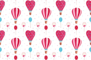 Watercolor pattern with hot air balloons, helium balloons and confetti on the white background
