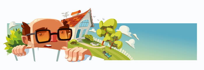 Man with glasses looks out from behind fence. Background of the house and garden