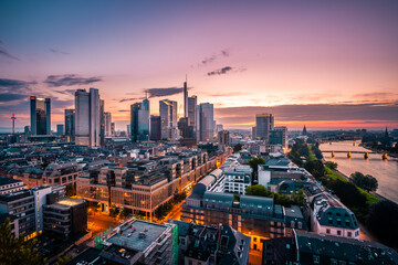 The Main with the Frankfurt skyline in the evening, at sunset. Nice overview of the city and its surroundings. in a special shade