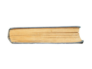 Hardcover book made of fabric on an isolated white background. A close-up view from the butt of an old book.