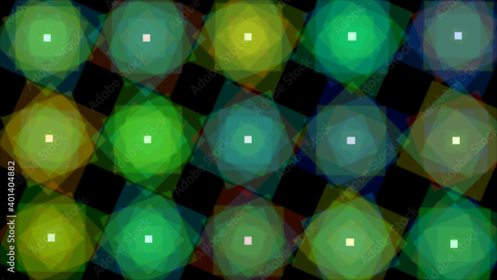 Poster light wall on isolated black background, close-up of rectangular rotating squares of lights rotating
