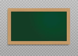 Green school chalkboard. Mockup. Vector 3d realistic. Empty template with wooden frame isolated on transparent. Wooden blackboard or classboard. EPS 10.