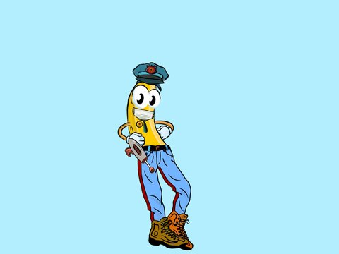Positive banana is a policeman in a medical mask and a toy gun. Digital painting