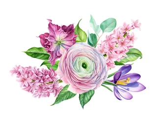Papier Peint photo Jacinthe bouquet de fleurs à l& 39 aquarelle, tulipe, jacinthe, renoncule sur fond blanc, printemps, illustration botanique
