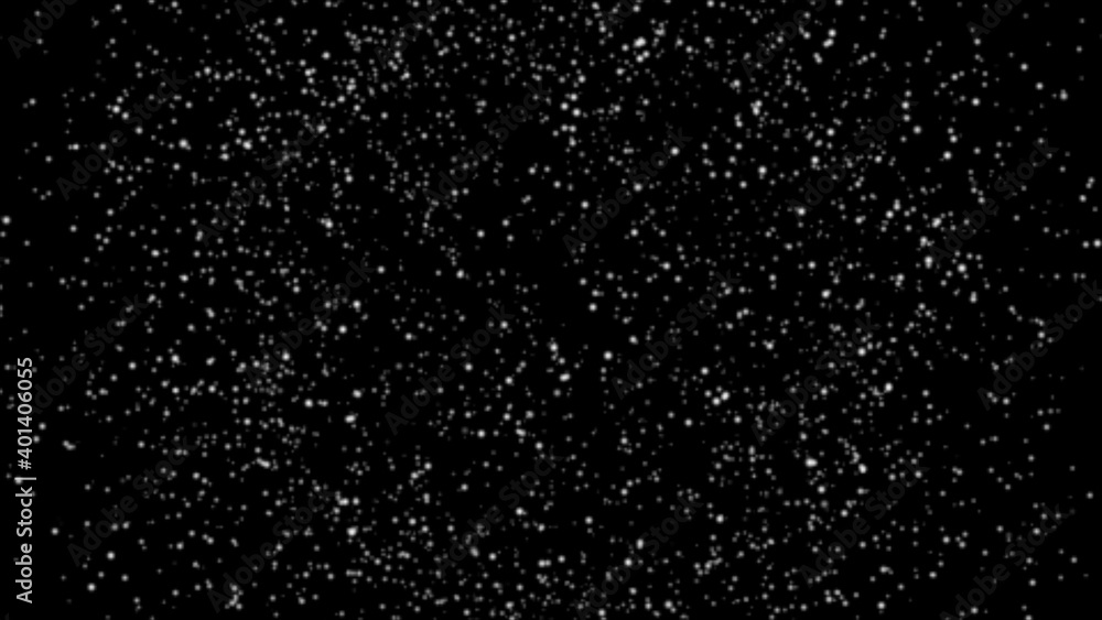Poster falling snowflakes close up on isolated black background in space.