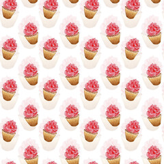 Watercolor pattern with pink cupcake. Seamless digital paper.