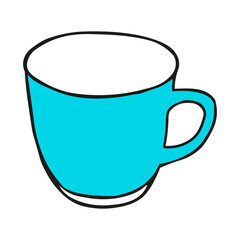 Blue colored hand drawing illustration of a cup for hot tea isolated on a white background