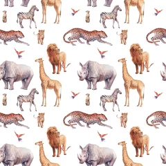 Tapeten Safari animals pattern. Hand drawn seamless ornament with animals on white background. African fauna: lion, leopard, zebra, meerkat, rhino, giraffe, bird © ldinka