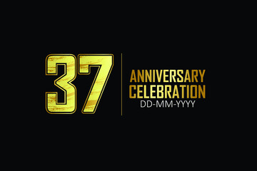 37 year anniversary celebration Yellow Golden Color Sporty Design logotype. anniversary logo isolated on Black background, for celebration, invitation card, and greeting card - Vector