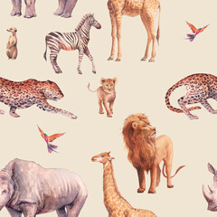 Safari animals pattern. Hand drawn seamless ornament with animals on beige background. African fauna: lion, leopard, zebra, meerkat, rhino, giraffe, bird