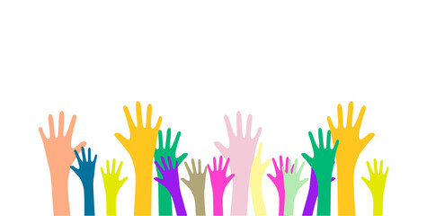 Fototapeta premium multicolored raised hands, community, society, union, group, team