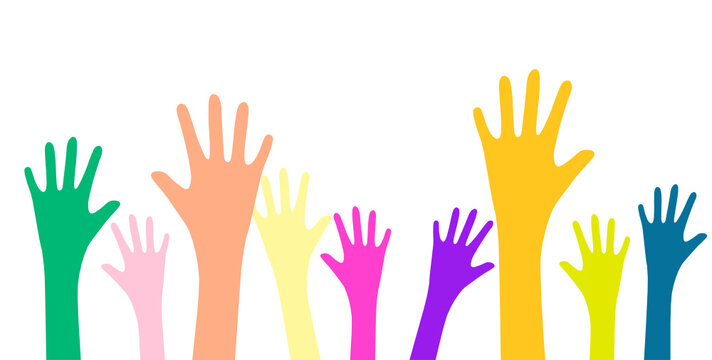 multicolored raised hands, palms up, many hands and symbol community, society, union, group, team