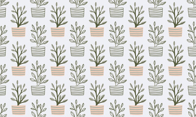 Seamless pattern with hand drawn houseplants. Vector illustration of potted plants for home.