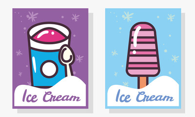 ice creams bucket with spoon and stick labels vector design