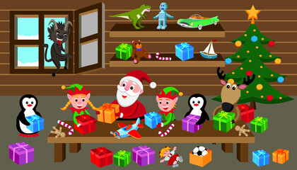 Obraz premium cartoon style vector illustration of santa's workshop