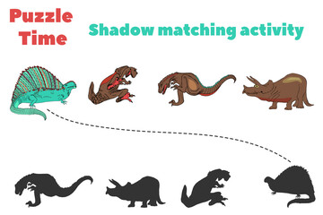 Find the correct shadow. Colorful vector illustration of dinosaurs.