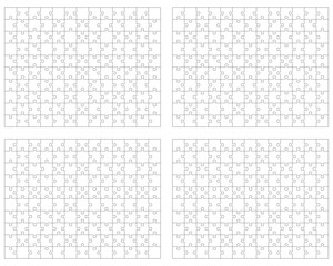 Illustration of four different white puzzles, separate pieces	