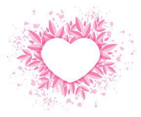 Heart frame for Valentine's Day card or template for wedding invitation. Pink leaves, heart, texture. Vector illustration isolated on white background.