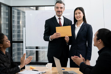 Business executives congratulate employees on their excellent work, Certificate of Excellence or a Certificate for Success in Work, Business people teamwork.