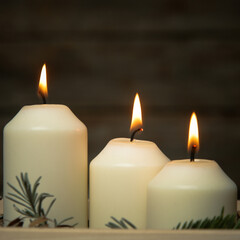 Wooden box christmas centerpiece. Simple and small home decoration with candles in wooden box.
