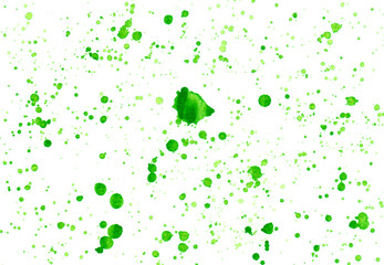 Fototapeta na wymiar Abstract green background with color splashes on white board. Water drops on background. Abstract art wallpaper. Hand drawn watercolor illustration. Romantic green blots. Rain imitation. 