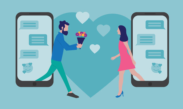 online dating concept - man and woman meeting after online messaging