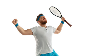 Excited. Highly tensioned game. Funny emotions of professional tennis player isolated on white studio background. Excitement in game, human emotions, facial expression and passion with sport concept.