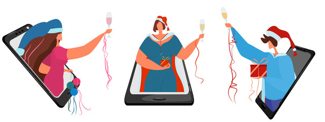 Party people celebrate Christmas online. Man and women in Christmas carnival costumes with glasses of champagne. Remote communication. Holiday during quarantine.
