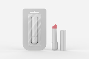 glossy closed and opened lip balm stick realistic hygienic lipstick with cardboard pack set. 3d illustration