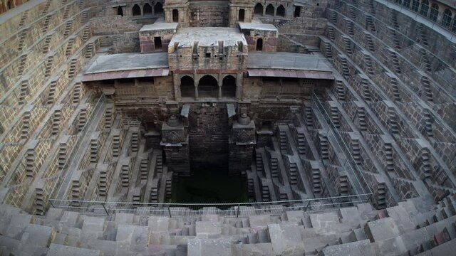 The ancient Chand Baori stepwell situated in the village of Abhaneri in Rajasthan, India.