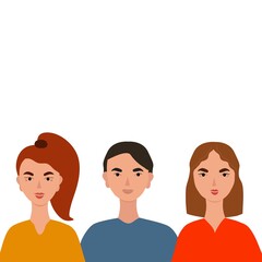 Portraits of people, colorful background vector illustration. Image of 3 people, 1 guy and 2 girls of different nationalities