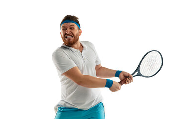 Hurry up. Highly tensioned game. Funny emotions of professional tennis player isolated on white studio background. Excitement in game, human emotions, facial expression and passion with sport concept.