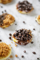 closeup shoot of pancake with chocolate chip topping