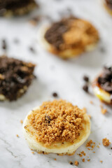 closeup shoot of pancake with peanut crunches topping