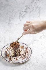 Homemade pancakes with chocolate syrup and chocolate chip