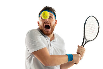 Danger. Highly tensioned game. Funny emotions of professional tennis player isolated on white...