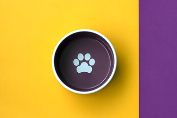 bowl with pet food on yellow background, close up, top view